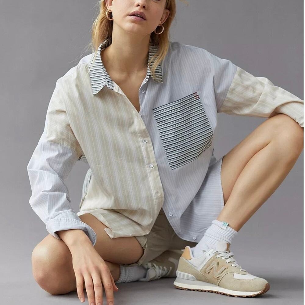 BDG (L) Frankie Printed Oversized Striped Color Block Shirt Urban Outfitters